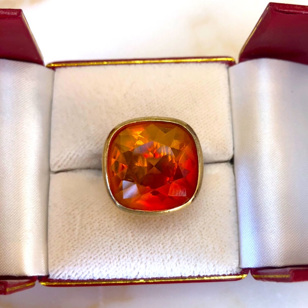 GORGEOUS ORANGE/YELLOW AMBER RING GOLD OVERLAY SZ-5 STUNNING COLOR!! 🧡💛